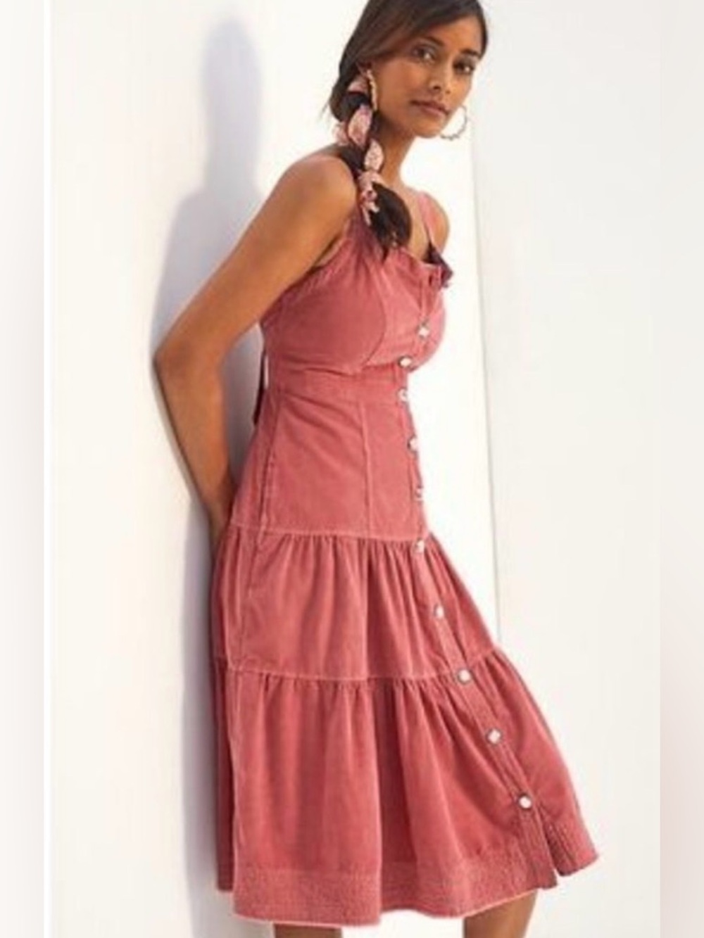Pilcro Coral Pink Button-Front Tiered Midi Dress